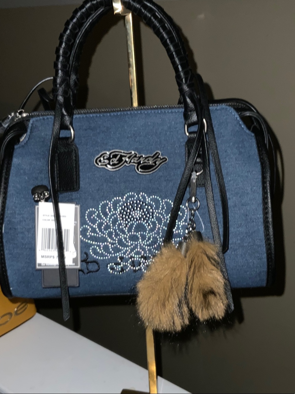 Ed Hardy Denim Blue Satchel with Black Trim and Brown Fur Pom